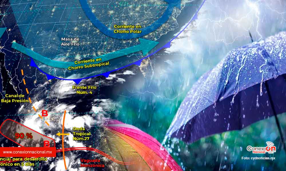 Frente frío no. 4 y onda tropical no. 27 generan lluvias fuertes