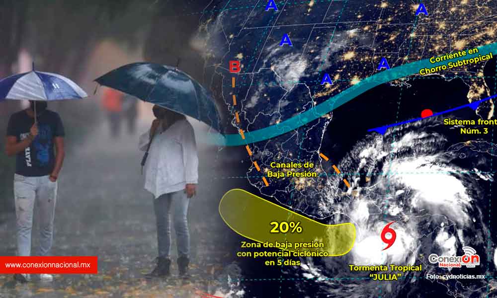 Por efecto del ciclón tropical “Julia”, se registran lluvias en el sur y sureste del país.