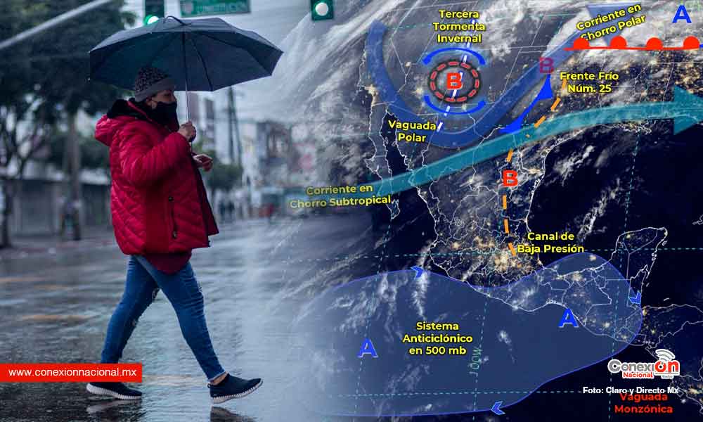 Frente frío No. 25 y 3a tormenta invernal generan frío, lluvias y fuertes vientos en el país