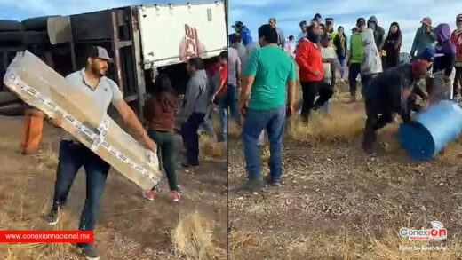Tráiler vuelca en carretera Jiménez-Torreón; se desata rapiña