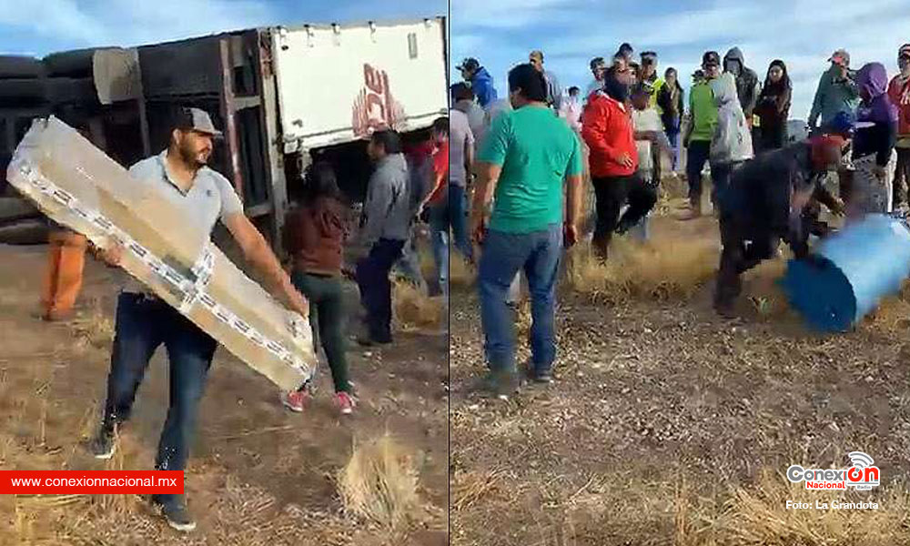 Tráiler vuelca en carretera Jiménez-Torreón; se desata rapiña